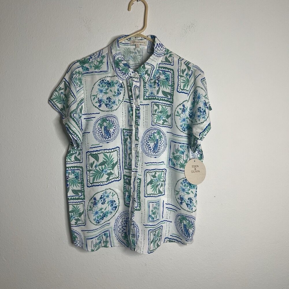 Eden & Olivia Women's Blouse Floral Button Down Short Sleeve Size Médium